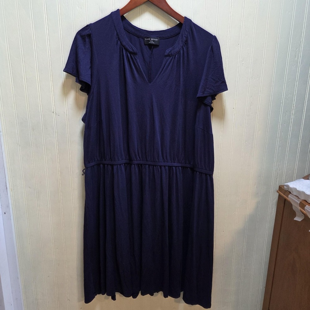 Lane Bryant Dress Womens 22/24 Blue Solid Short Sleeve V Neck Fit & Flare Knee